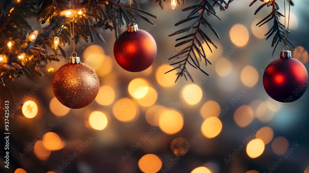 Poster Elegant Christmas ornaments in various colors hanging from a tree branch with blurred twinkling lights in the soft defocused background creating a serene festive scene with space for text