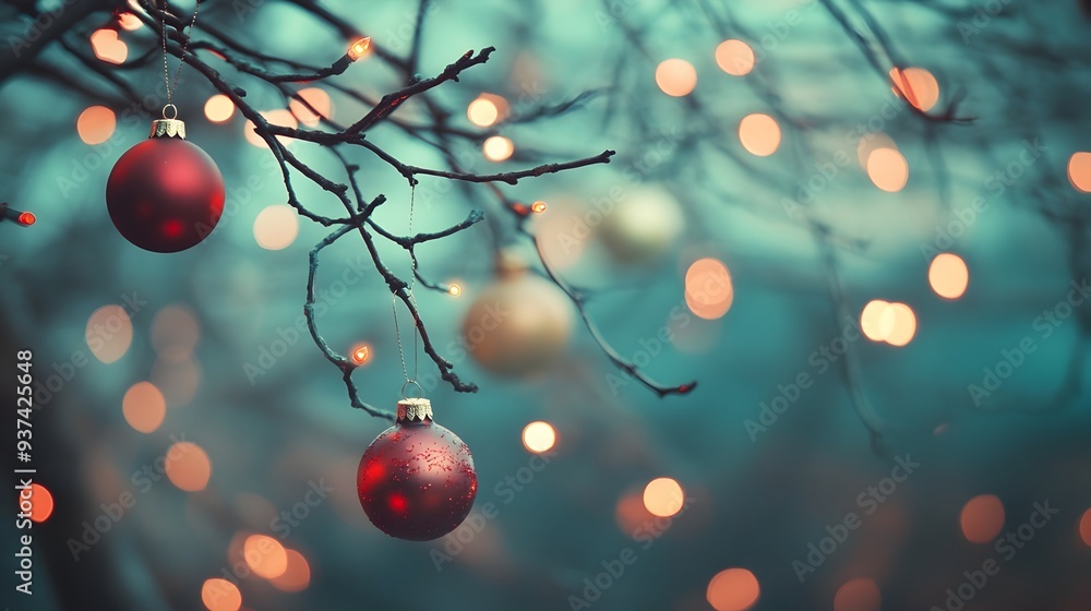 Poster Delicate Christmas ornaments in various shapes and colors hanging from a natural tree branch with a blurred twinkling light background creating a cozy