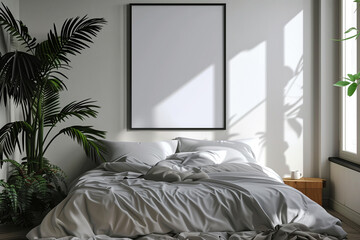 Blank Mockup poster wall frame in bedroom Scandinavian, 3d render