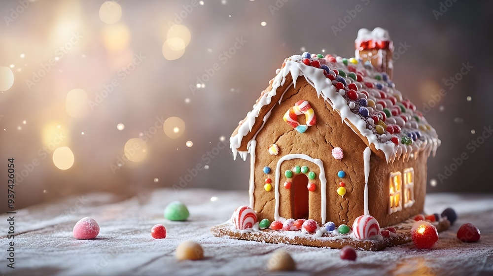Poster A beautifully crafted gingerbread house adorned with intricate icing designs and an array of colorful candies creating a cozy and inviting holiday scene with ample space for any desired text