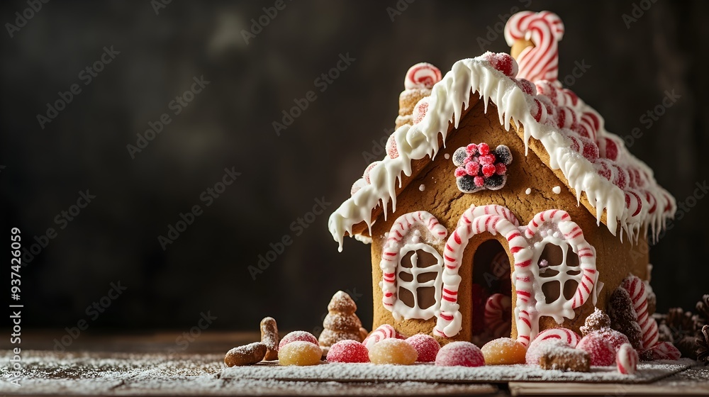 Poster beautifully crafted gingerbread house adorned with vibrant icing and an array of colorful candy a wh