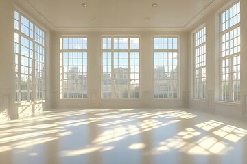 Bright empty room with large windows and natural light