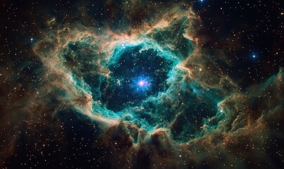 Obraz premium A vibrant nebula with a bright star at its center, surrounded by swirling gas and dust.