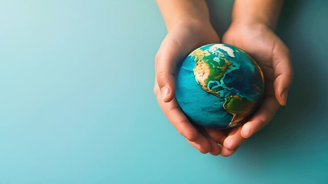 Close up hands of people holding a mini globe on hands against blue backdrop with copy space	