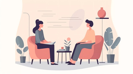 Patient sitting in arm chair talking with Psychologist in clinic.flat vector illustration.Mental health concept.