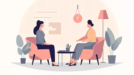 Patient sitting in arm chair talking with Psychologist in clinic.flat vector illustration.Mental health concept.
