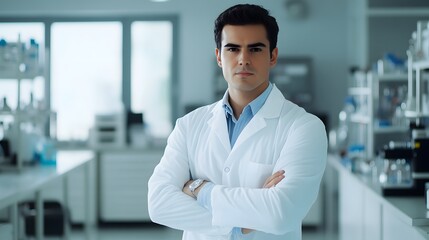 Fototapeta premium Man in White Lab Coat: A man in a white lab coat, standing in a clean, modern laboratory with scientific equipment in the background.