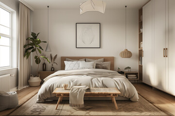 Blank Mockup poster frame in bedroom interior Scandinavian, 3d render