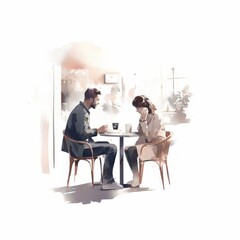 Romantic Coffee Date in a Cozy CafÃ© - Watercolor Illustration of a Couple Enjoying Coffee and Conversation