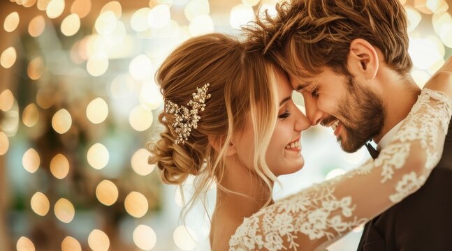 Tender Celebration: Young couple dances at their wedding reception, bride in white and groom in tuxedo. They embrace under twinkling fairy lights, their smiles beaming with happiness.