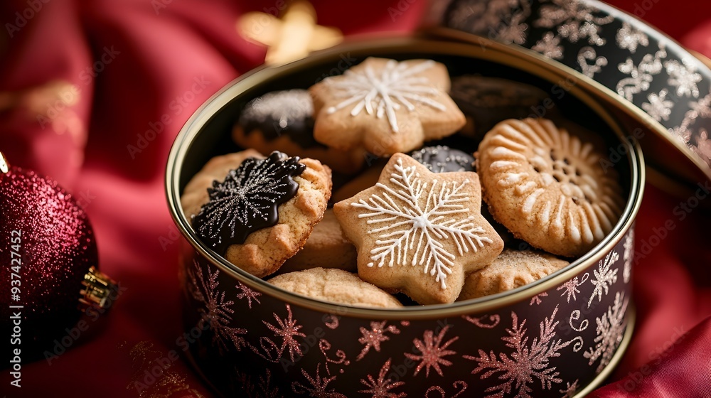 Poster delightful christmas cookies displayed in a decorative tin adorned with vibrant holiday patterns lea