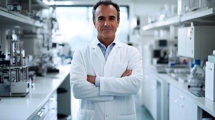 Man in White Lab Coat: A man in a white lab coat, standing in a clean, modern laboratory with scientific equipment in the background.
