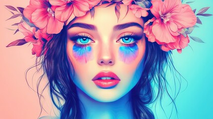 Naklejka premium Beautiful cartoon girl with a floral crown in electric blue and pink, featuring intricate iris flowers and delicate eyelashes, art and fashion