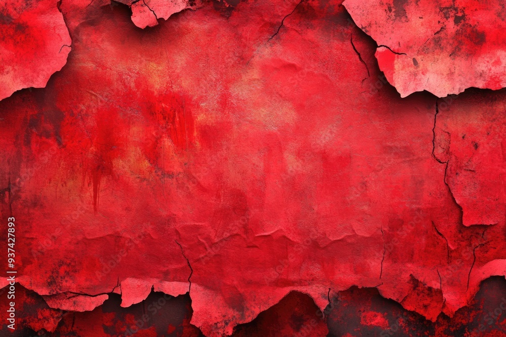 Poster a red grunge paper background with splattered and uneven edges.