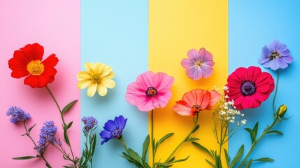 Beautiful fragrant flowers in vibrant pink, red, yellow, purple, and blue on a colorful backdrop, perfect for a postcard inscription