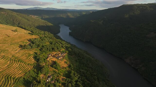Minho River With Castro de Marce Hiking Trails In Marce, Galicia, Spain. Aerial Drone Shot