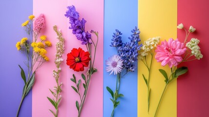 Obraz premium Beautiful postcard with fragrant flowers in pink, red, yellow, purple, and blue on a colorful background, ready for inscription