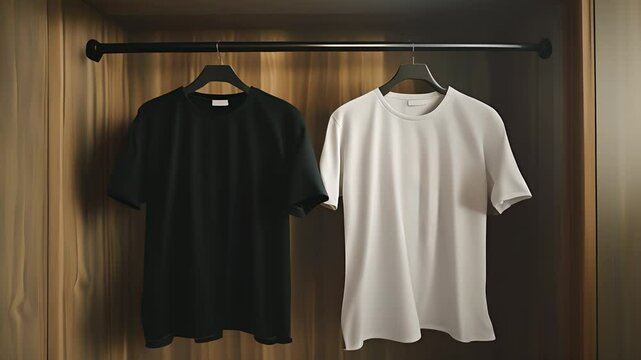 Two plain black and white oversized t-shirt hanging on an empty hanger in the modern wooden closet, Two black and white oversized t-shirt	