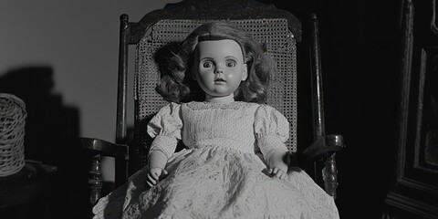 Vintage Porcelain Doll Sitting in Rocking Chair  Black and White Photography