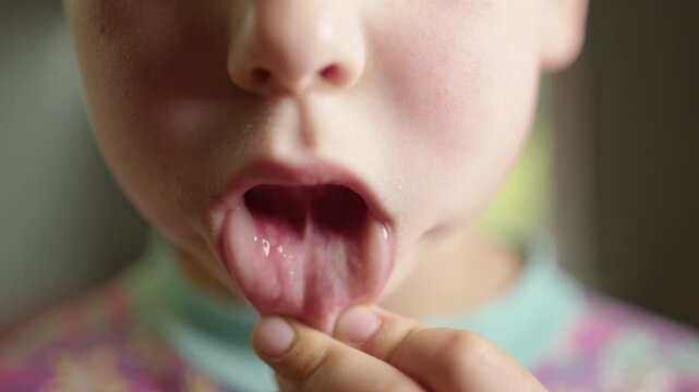 Slider reveal shot of a child showing the painful ulcer in his mouth, aphthous