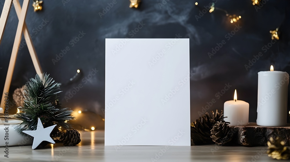 Aufkleber blank upright greeting card standing on a desk with decorative elements surrounding it leaving room 