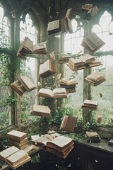 Fototapeta premium Old Books Floating in Abandoned Building Window