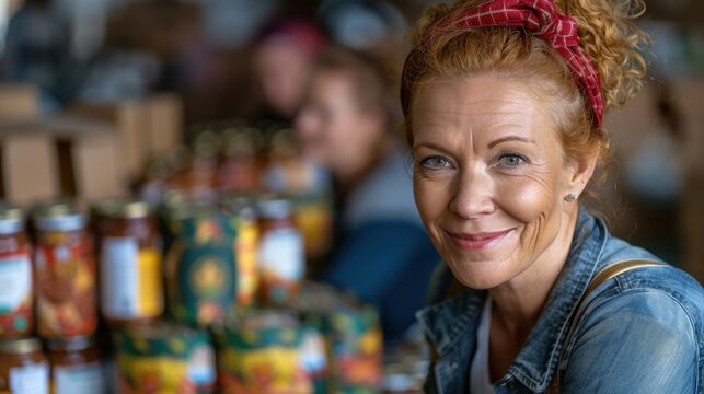 Compassionate Volunteer: In a warehouse, a middle-aged woman packs cans with a smile, working alongside volunteers. Her face radiates kindness and warmth in the bustling space.

