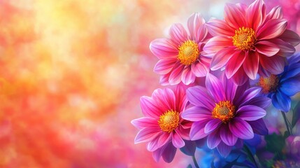 Obraz premium Fragrant flowers in pink, red, yellow, purple, and blue on a bright background, perfect for a postcard inscription