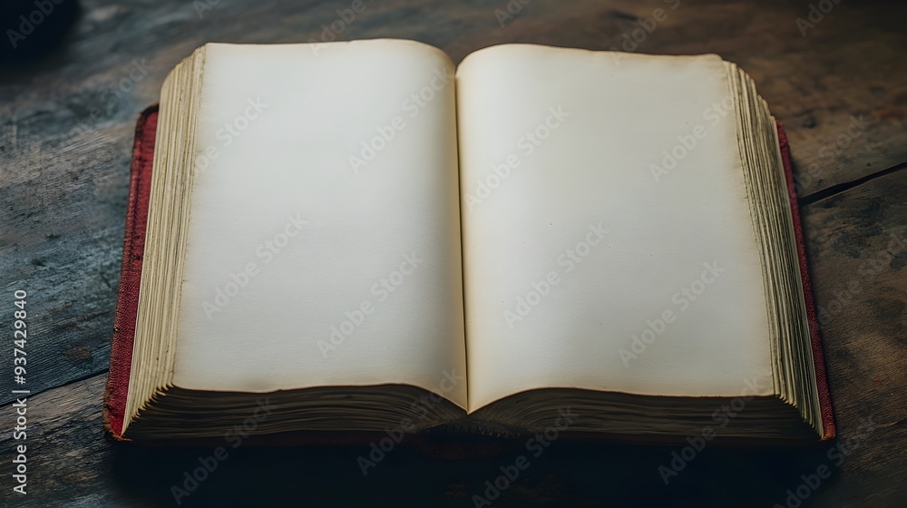 Poster open hardcover book with blank white pages lying flat on a simple wooden table providing a clean and