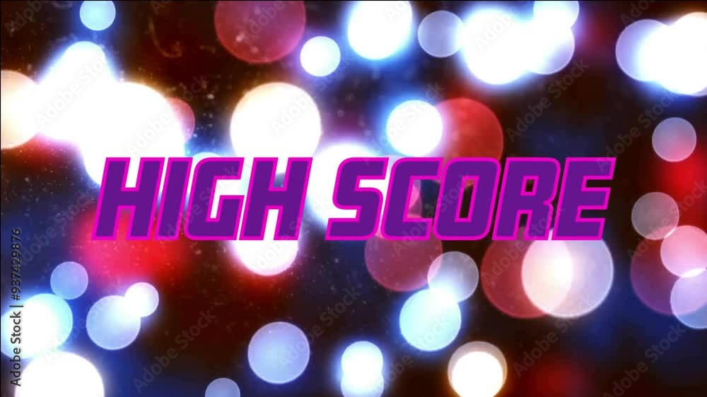 Poster high score text animation over colorful bokeh lights background