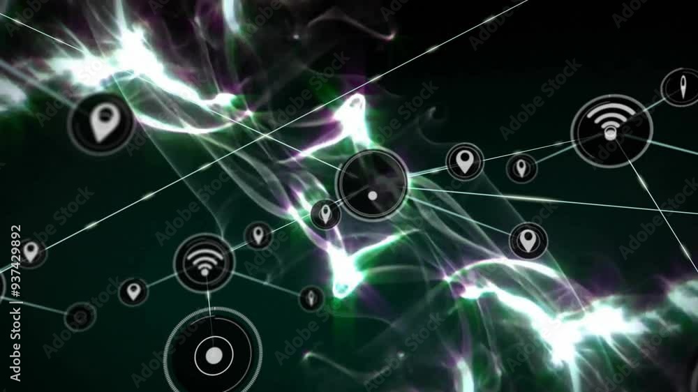 Aufkleber network connectivity icons animation over abstract glowing lines and shapes