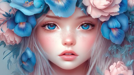 Naklejka premium Lovely cartoon girl wearing a blue and pink flower crown, intricate iris flowers, and delicate eyelashes, a blend of art and fashion