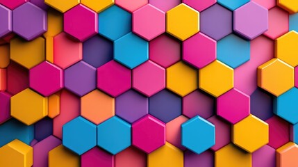 Repeating geometric pattern of multicolored hexagons in vibrant shades of pink, yellow, red, blue, and purple, bold abstract image