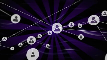 Network of connected user icons animation over purple radial background - Powered by Adobe