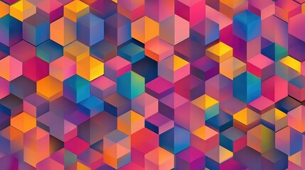 Repeating geometric pattern of multicolored hexagons in vibrant shades of pink, yellow, red, blue, and purple, bold abstract design