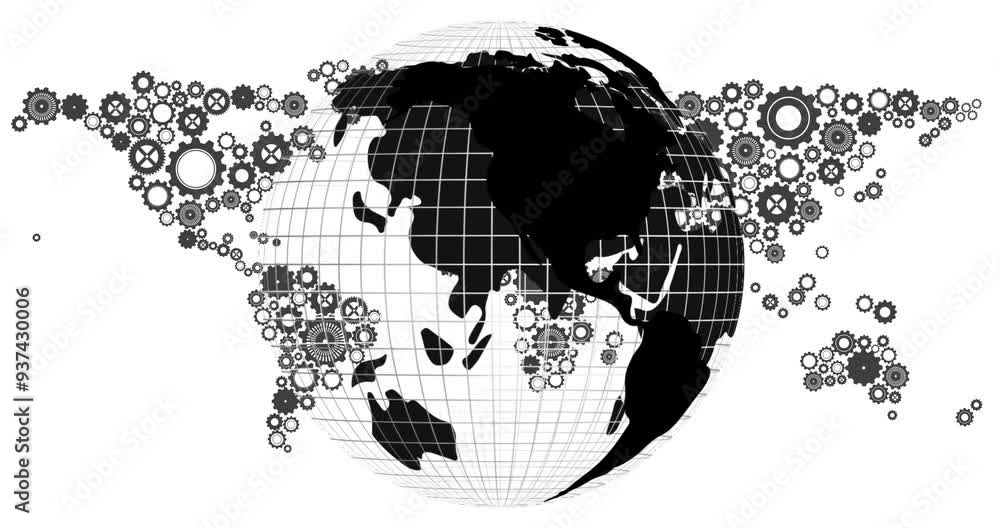 Poster animating gears and cogs over globe with grid lines in background
