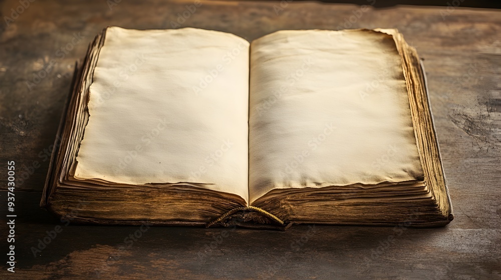 Poster Open book with blank pages lying flat on a simple minimalist table leaving ample space for custom content layout or digital publication design