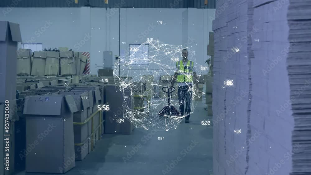 Poster Warehouse worker moving boxes with network connections and data points animation