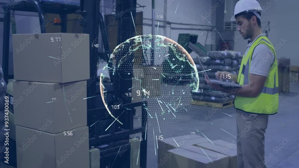Poster warehouse worker with clipboard, digital globe and data points animation over scene