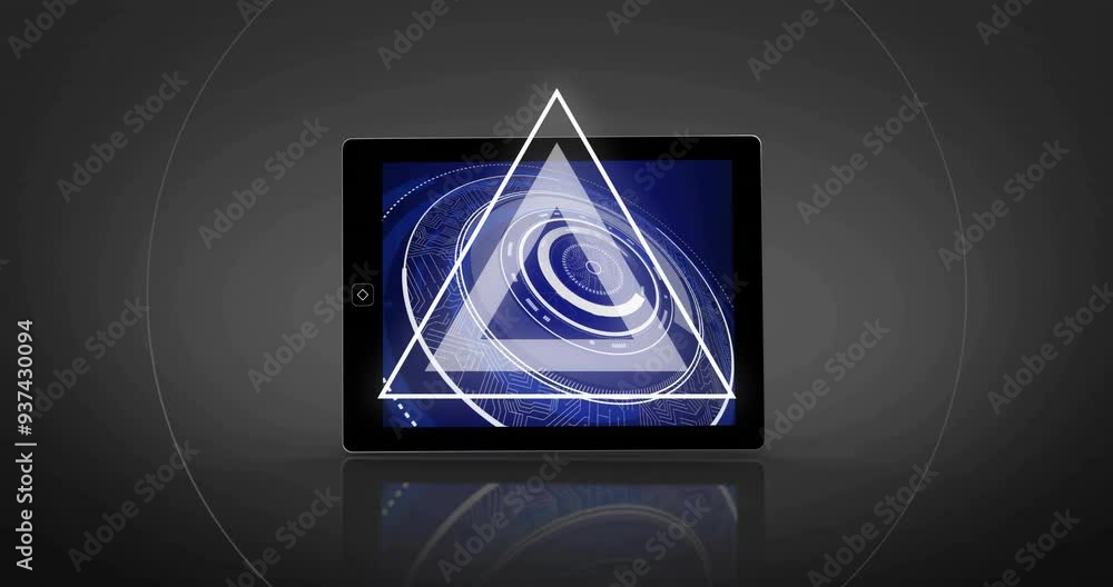 Aufkleber tablet with circular interface animation over glowing ring on dark background