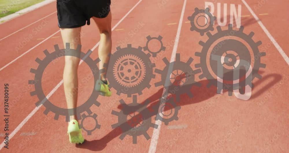 Poster running on track, athlete with gears and run text animation overlaid