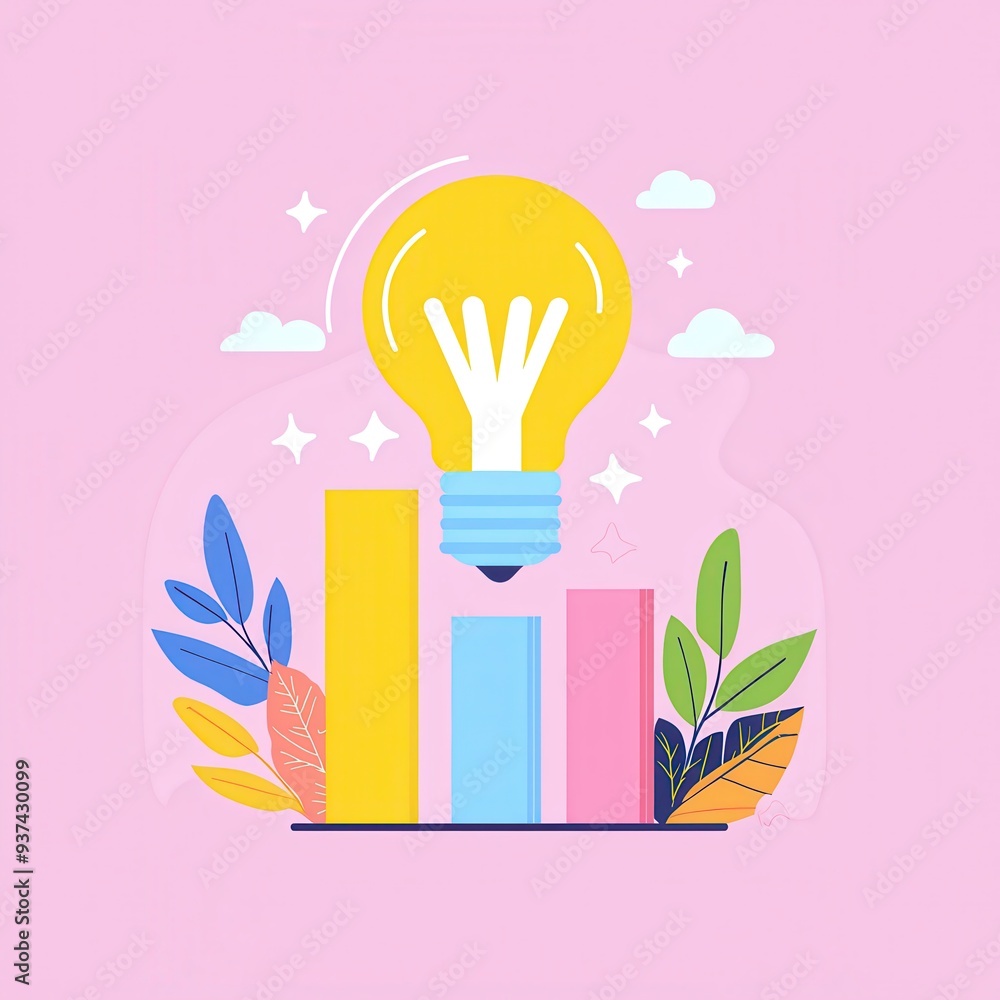 Poster lightbulb idea above colorful bar graph with pink background
