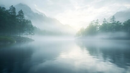 Fototapeta premium Misty Morning Lake with Mountain Background 3D Illustration