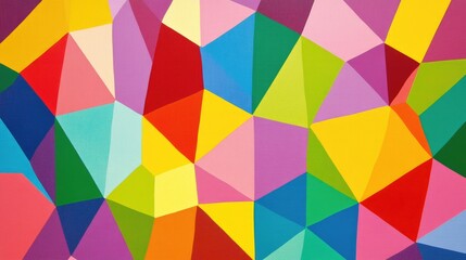 Repeating geometric pattern of multicolored pentagons in vibrant shades of pink, yellow, red, blue, green, and purple, bold abstract image