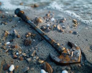 Metal detecting on a beach, Steampunk, Warm, 3D, Emphasizing treasure hunting