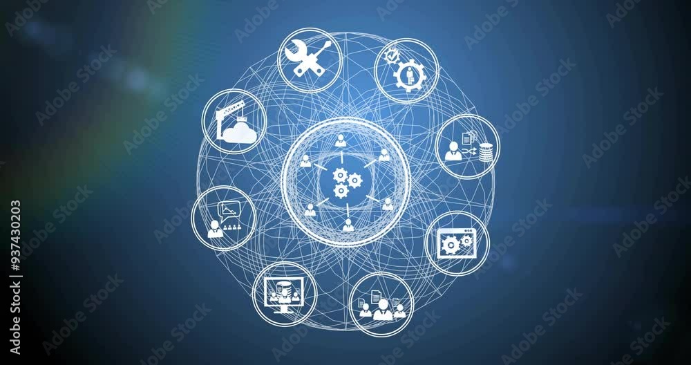 Poster network of interconnected gears and tools animation over blue background