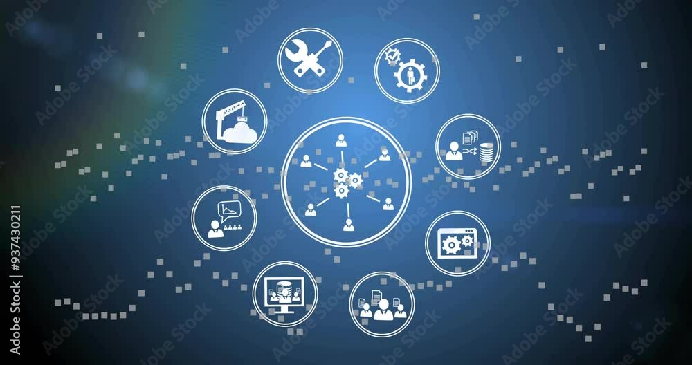 Poster animation of interconnected icons representing various business tools and processes