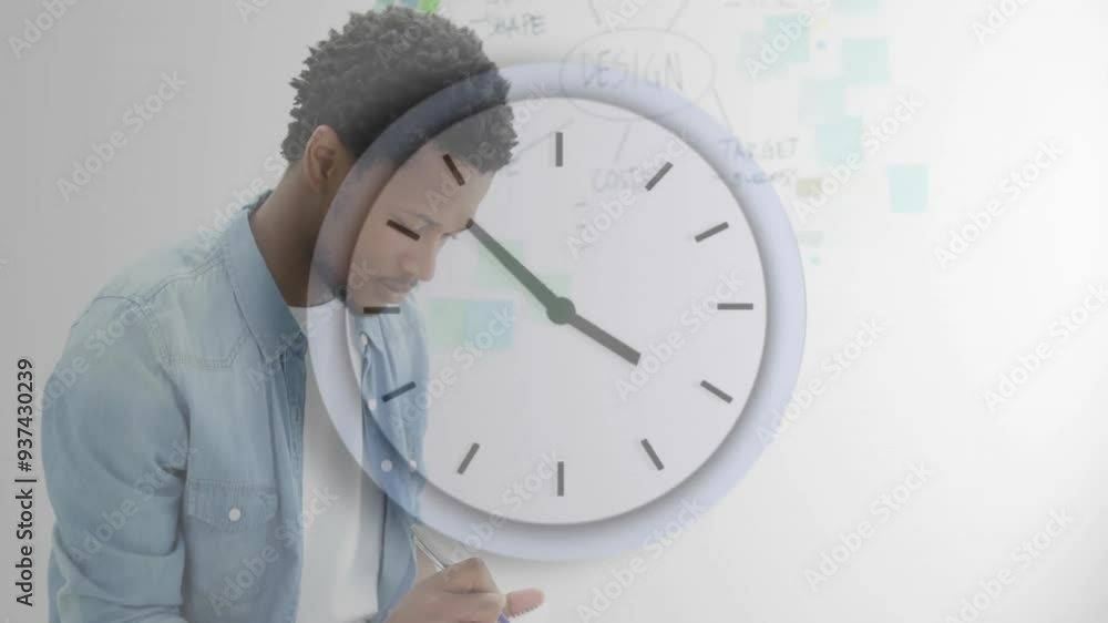 Aufkleber clock animation over man working on project with sticky notes on whiteboard