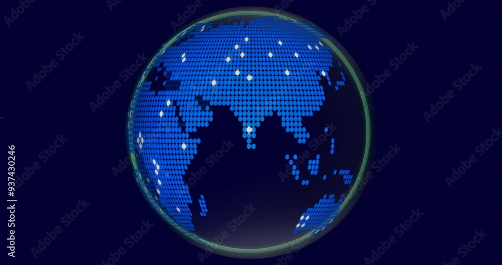 Poster rotating globe with blue pixelated continents, global data visualization animation