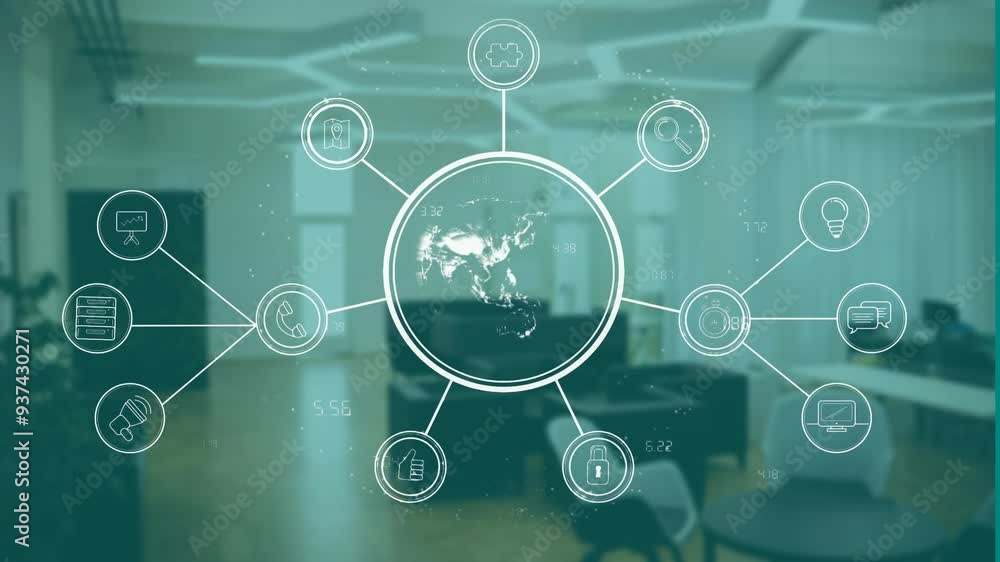 Poster animating network of interconnected icons over modern office background